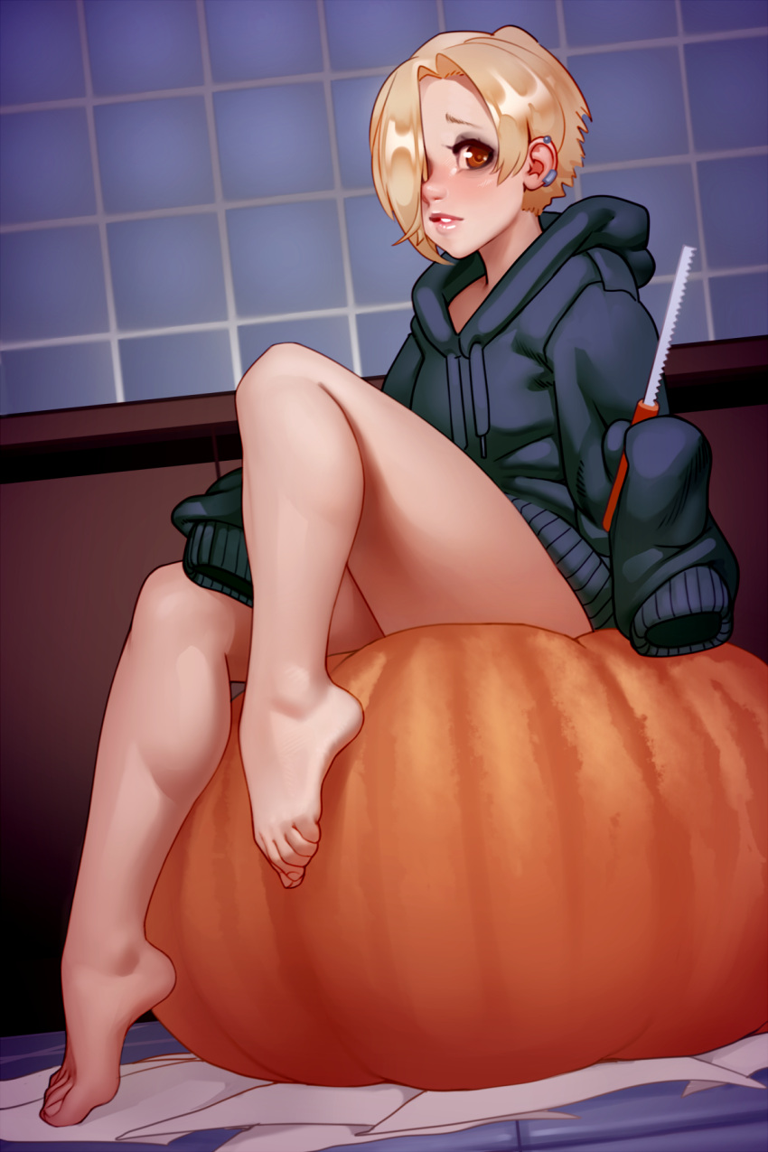 1girl, barefoot, blonde_hair, brown_eyes, earrings, eyeshadow, feet, hair_intakes, hair_over_one_eye, halloween, highres, hood, hoodie, idolmaster, idolmaster_cinderella_girls, jack-o'-lantern, jewelry, kyle_(kairunoburogu), legs, looking_at_viewer, makeup, nose, paper, parted_lips, pumpkin, shirasaka_koume, short_hair, sitting, solo, thighs, toes