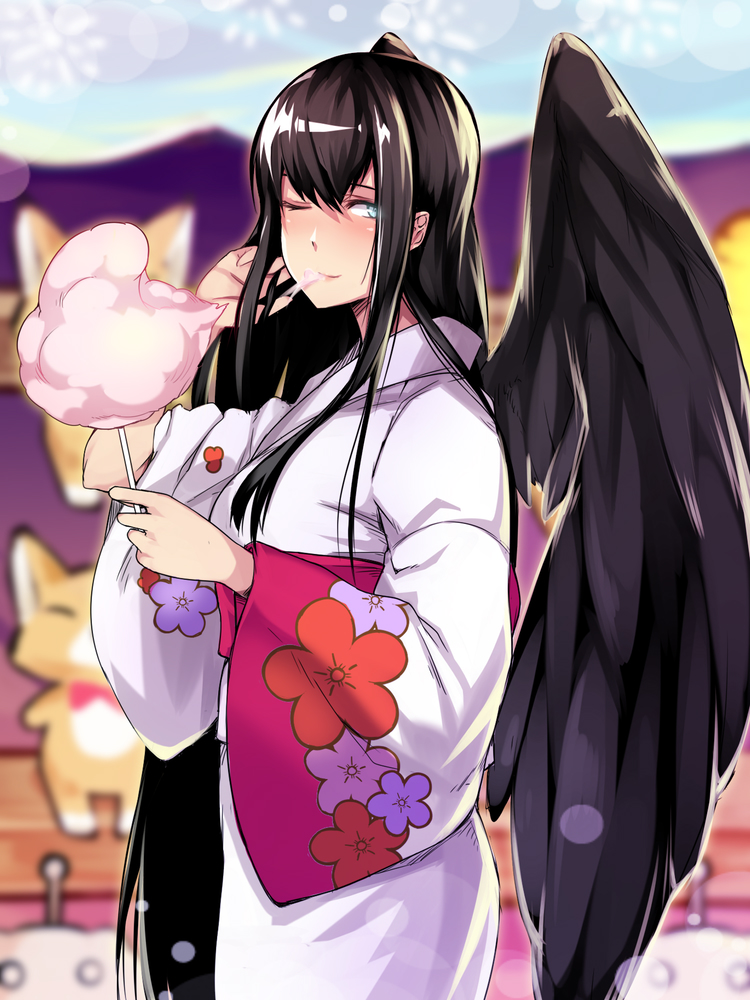 1girl, black_hair, black_wings, blue_eyes, brll, cotton_candy, eating, japanese_clothes