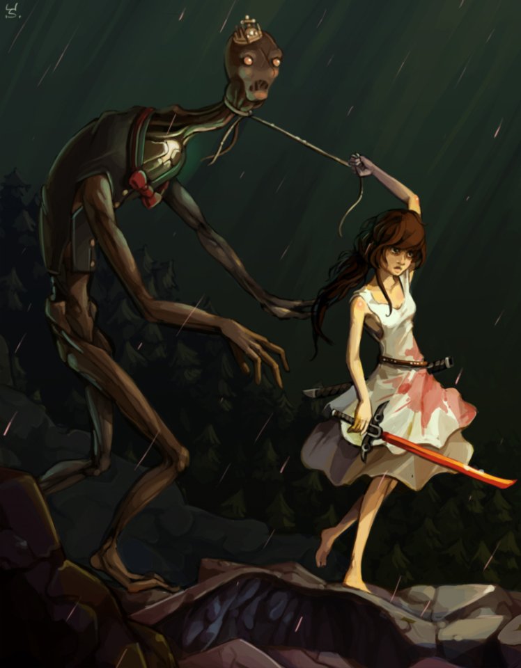 1girl, barefoot, blood, bloody_clothes, bloody_dress, bow, breasts, brown_hair