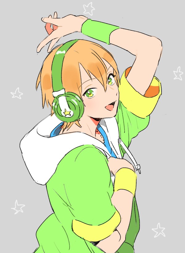 1boy, arm_up, brown_hair, green_eyes, hand_on_own_chest, hayami_hiro, headphones, hood