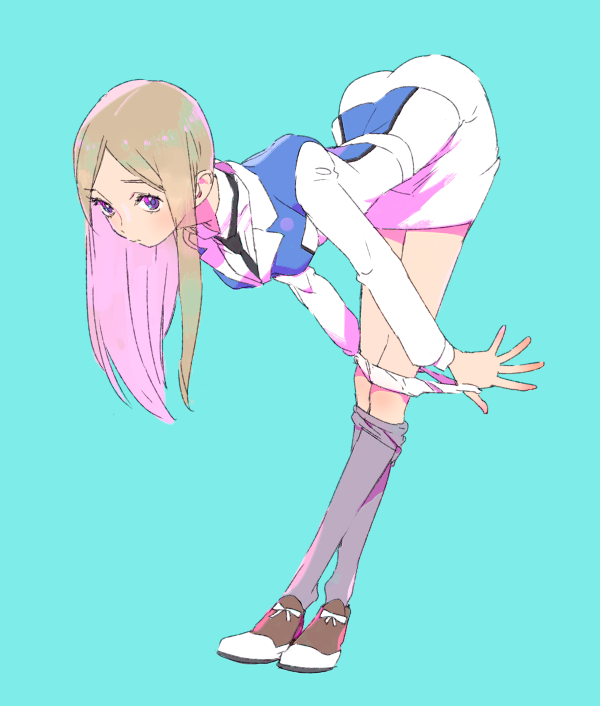 1girl, bent_over, black_neckwear, blue_background, blue_eyes, brown_hair, full_body, long_hair