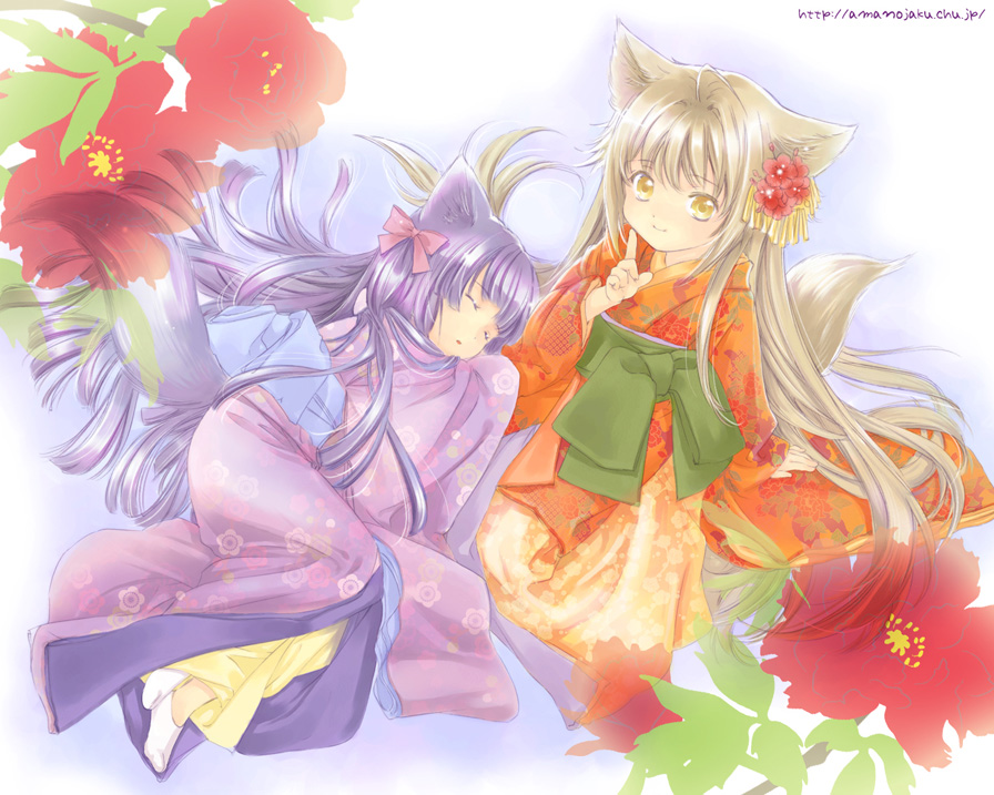 2girls, ahoge, amano_sakuya, animal_ears, arm_support, bangs, blonde_hair, blue_ribbon