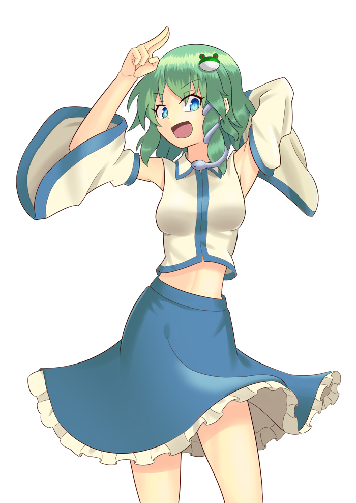 1girl, arms_up, blue_eyes, detached_sleeves, frills, frog_hair_ornament, green_hair, hair_ornament, hitsune, kochiya_sanae, looking_at_viewer, midriff, open_mouth, shirt, simple_background, skirt, sleeveless, sleeveless_shirt, snake_hair_ornament, solo, touhou, white_background