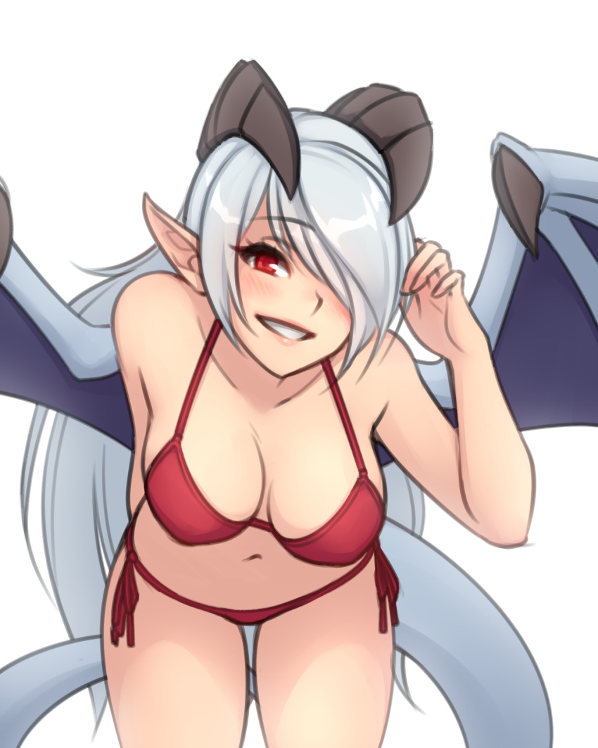 1girl, bangs, bare_arms, bare_shoulders, bikini, blue_hair, breasts, cowboy_shot, demon_girl, demon_horns, demon_tail, demon_wings, eyebrows_visible_through_hair, hair_over_one_eye, hand_in_hair, hand_up, highres, horns, ilassa_(elh), large_breasts, leaning_forward, lilim_(monster_girl_encyclopedia), long_hair, monorus, monster_girl_encyclopedia, navel, one_eye_covered, pink_lips, pointy_ears, red_bikini, red_eyes, side-tie_bikini, simple_background, smile, solo, spread_wings, swimsuit, tail, white_background, wings