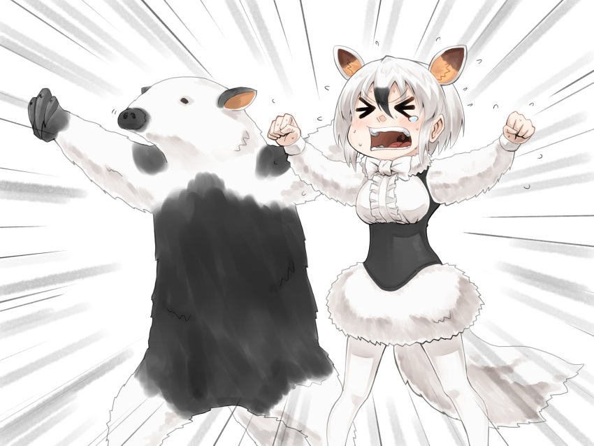 >_<, 1girl, animal, animal_ears, arms_up, black_hair, bow, bowtie