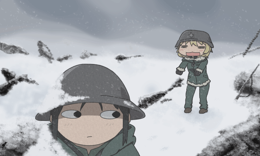 2girls, animated_gif, black_hair, blonde_hair, brown_eyes, chito_(shoujo_shuumatsu_ryokou), coat, helmet, hidamari_sketch, military, military_uniform, multiple_girls, parody, shoujo_shuumatsu_ryokou, snow, uniform, wide_face, winter_clothes, yuuri_(shoujo_shuumatsu_ryokou)