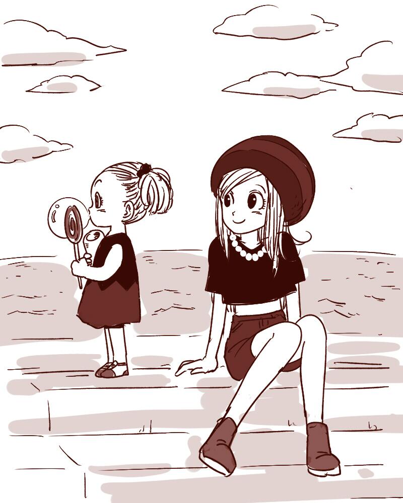 2girls, black_eyes, black_shirt, boots, bubble, bulma, candy, closed_mouth, clouds, dragon_ball, dress, food, ginga_patrol_jaco, greyscale, happy, hat, holding, holding_candy, holding_food, holding_lollipop, jewelry, lollipop, long_hair, looking_away, miiko_(drops7), monochrome, multiple_girls, necklace, pearl_necklace, sepia, shirt, shorts, siblings, sisters, sitting, sky, smile, standing, tights_(ginga_patrol_jaco), twintails