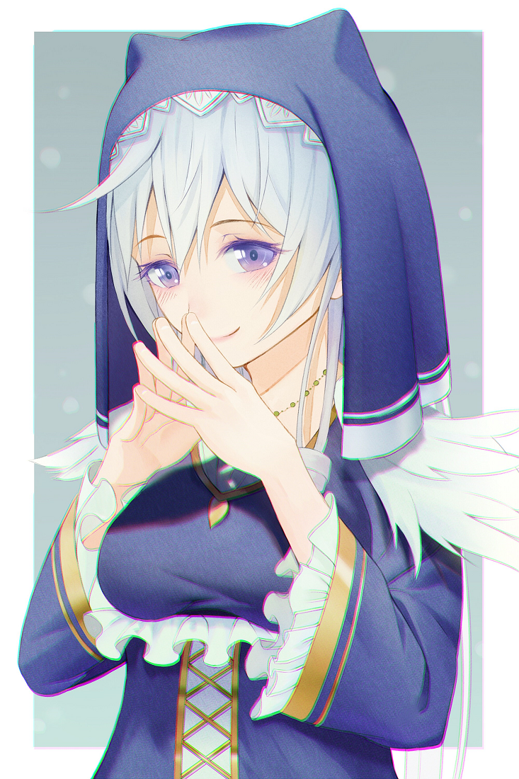 1girl, chromatic_aberration, chromatic_aberration_abuse, commentary_request, eris_(konosuba), fingers_together, frills, headdress