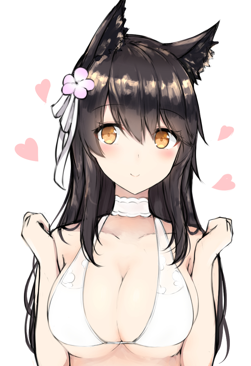 1girl, animal_ears, atago_(azur_lane), azur_lane, bangs, bare_arms, bare_shoulders, bikini_top