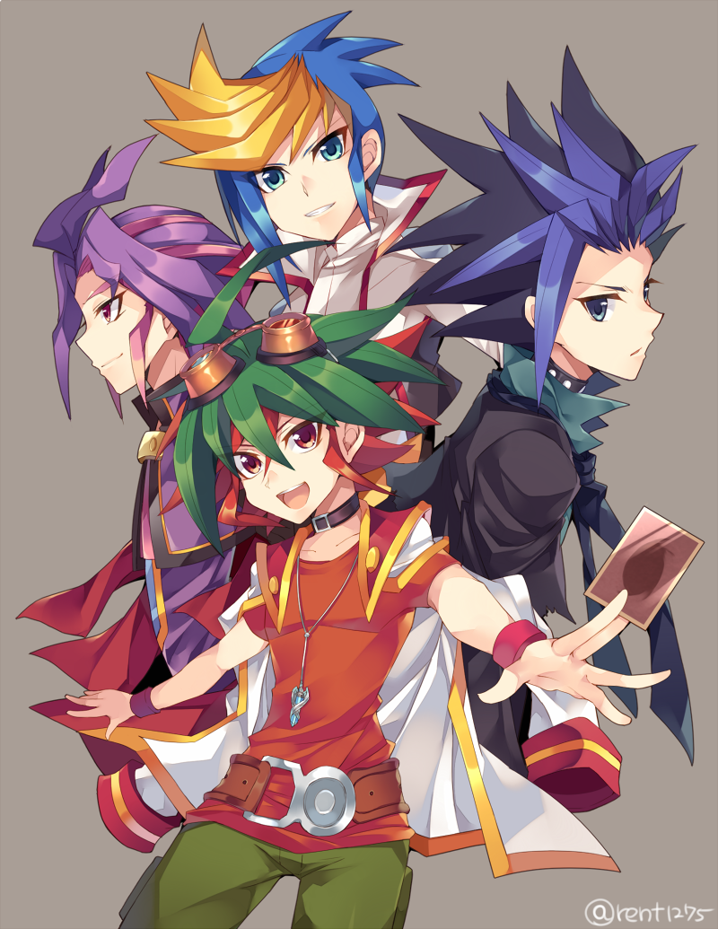 4boys, :d, black_hair, blonde_hair, blue_eyes, blue_hair, choker, closed_mouth