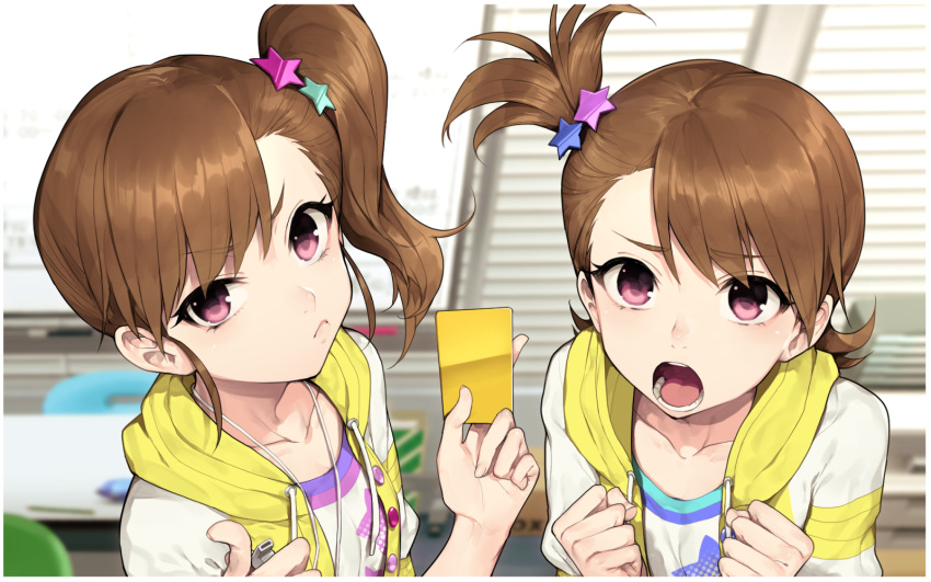 2girls, brown_hair, clenched_hands, collarbone, frown, futami_ami, futami_mami, hair_ornament