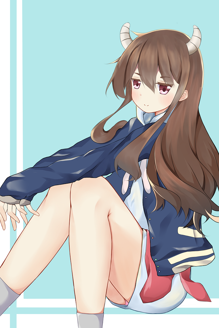 1girl, blue_background, brown_hair, commentary_request, fake_horns, jacket, outstretched_arms, park_harajuku:_crisis_team!