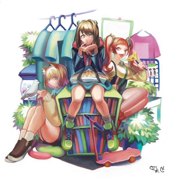 3girls, animal_ears, bird, bookshelf, brown_hair, hanger, jose_(tkd-yk), maruno_misa