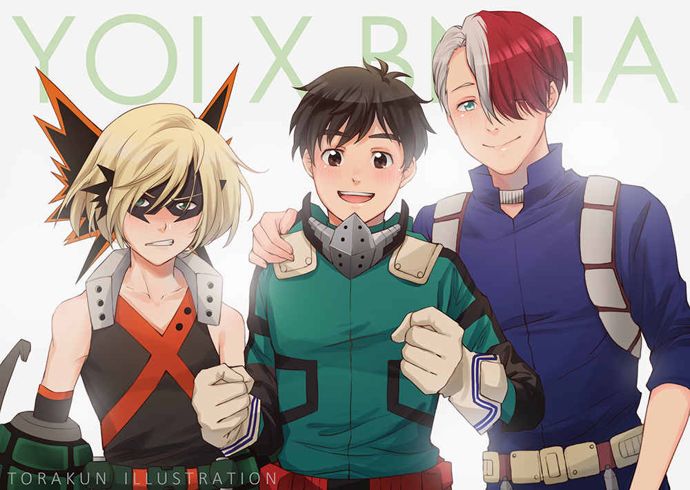 3boys, :d, artist_name, bakugou_katsuki, bakugou_katsuki_(cosplay), black_hair, blonde_hair, blue_eyes