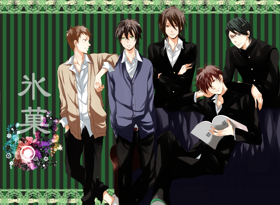 5boys, arm_on_shoulder, black_hair, black_pants, book, brown_eyes, brown_hair, crossed_arms