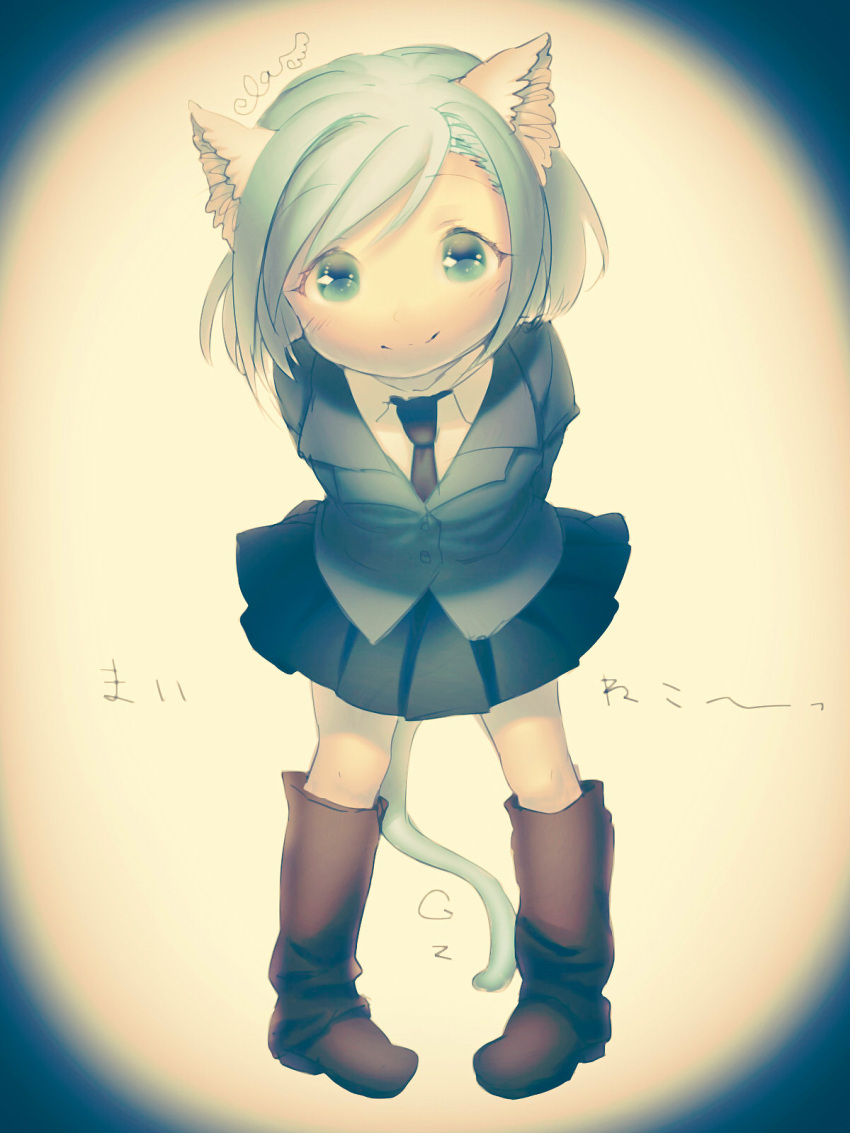 1girl, :3, animal_ears, aqua_eyes, aqua_hair, arms_behind_back, bangs, bent_over, black_neckwear, black_skirt, blazer, blue_blazer, blue_jacket, blush, bob_cut, brown_footwear, cat_ears, cat_tail, catsister_(elona), closed_mouth, collared_shirt, elona, eyebrows, eyebrows_visible_through_hair, eyelashes, facing_viewer, flat_chest, full_body, fur, highres, jacket, kneehighs, leaning, leaning_forward, legs_apart, long_sleeves, looking_at_viewer, miniskirt, multicolored, multicolored_background, necktie, pigeon-toed, pleated_skirt, raised_eyebrows, ryuusei_asuka, shirt, short_hair, skirt, smile, solo, standing, swept_bangs, tail, tareme, white_shirt