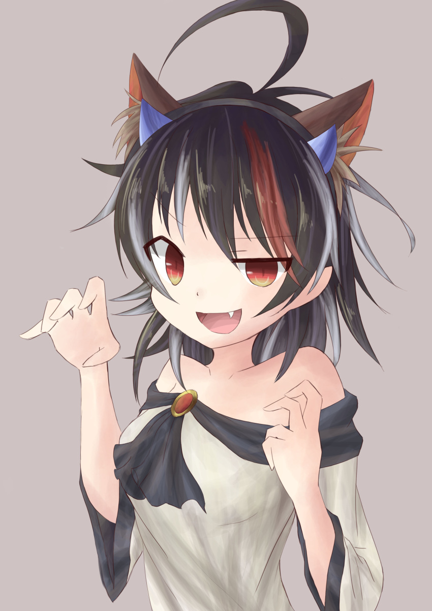 1girl, absurdres, ahoge, akiteru98, animal_ears, bare_shoulders, black_hair, brooch, claw_pose, cosplay, dress, fang, highres, imaizumi_kagerou, imaizumi_kagerou_(cosplay), jewelry, kijin_seija, looking_at_viewer, multicolored_hair, off-shoulder_dress, off_shoulder, open_mouth, red_eyes, redhead, streaked_hair, touhou, white_hair