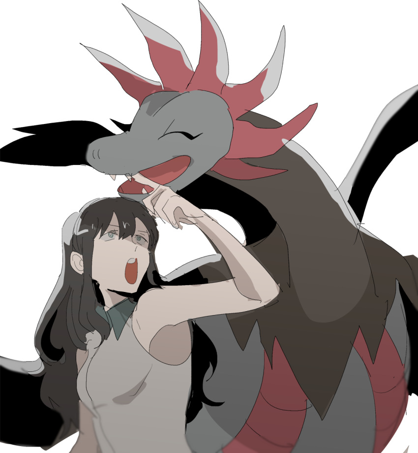 1girl, black_hair, blue_eyes, dragon, fangs, glasses_enthusiast, highres, hydreigon