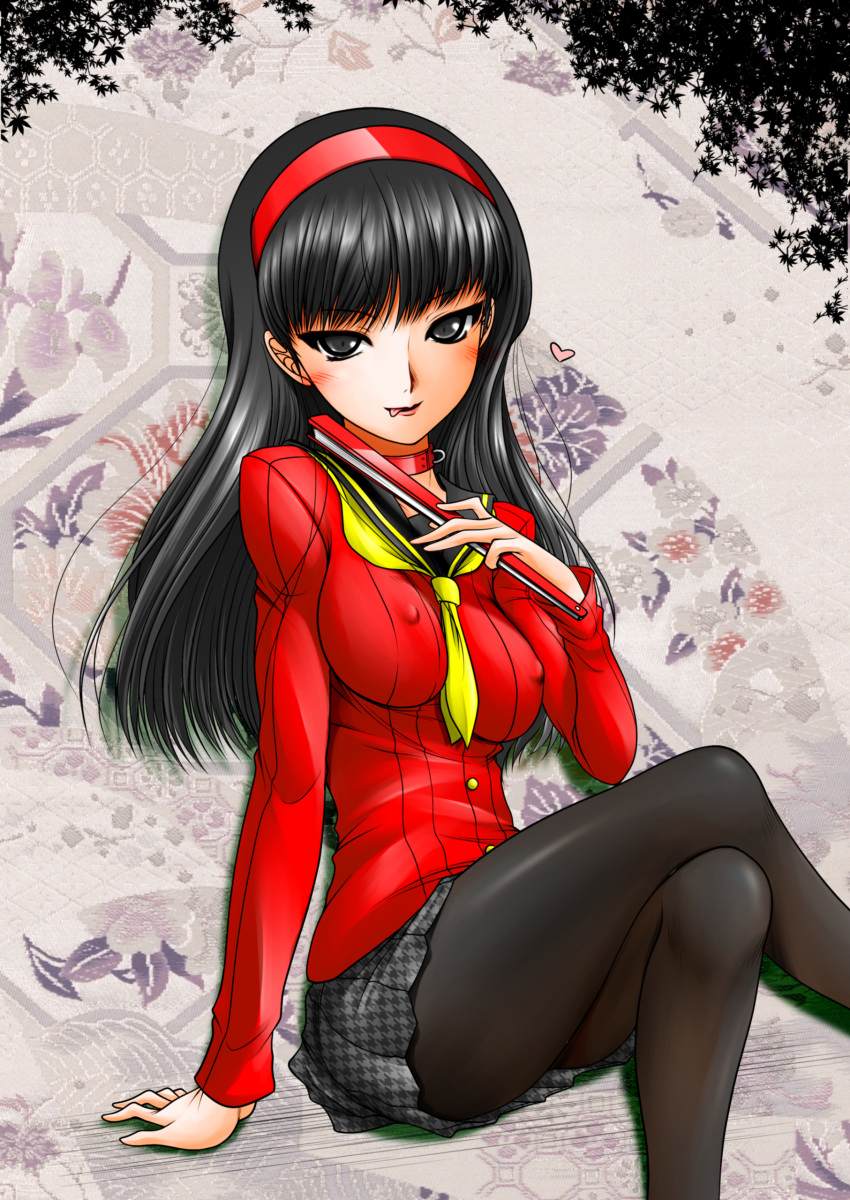 1girl, absurdres, akanako, amagi_yukiko, black_eyes, black_hair, black_legwear, blush, closed_fan, collar, dog_collar, erect_nipples, fan, folding_fan, hairband, heart, highres, hime_cut, houndstooth, pantyhose, persona, persona_4, pleated_skirt, red_hairband, school_uniform, skirt, smile, solo, tongue, tongue_out