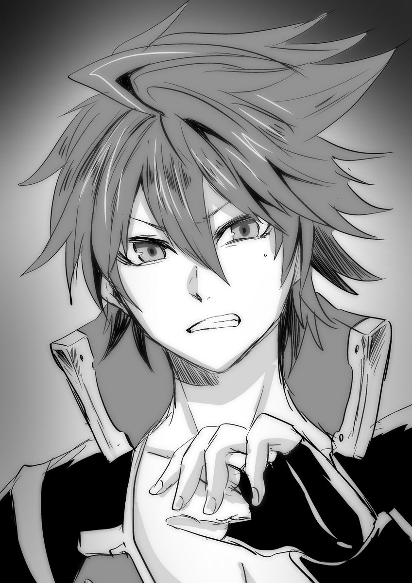 1boy, blazblue, blazblue:_bloodedge_experience, blazblue:_central_fiction, monochrome, naoto_kurogane, sweatdrop