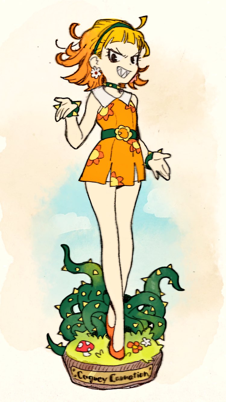 1girl, blonde_hair, bracelet, cagney_carnation, character_name, collar, cuphead_(game), dress
