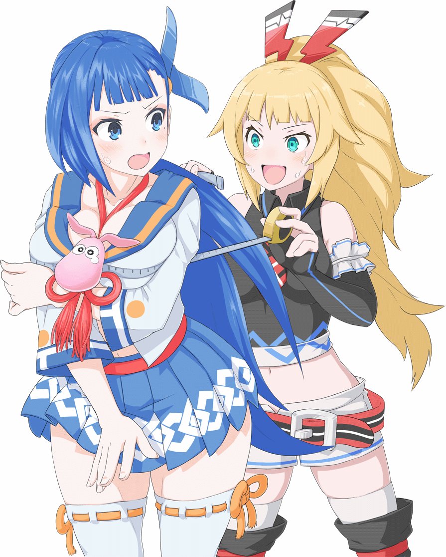 >:d, 2girls, :d, bangs, belt, between_breasts, black_gloves, black_shirt