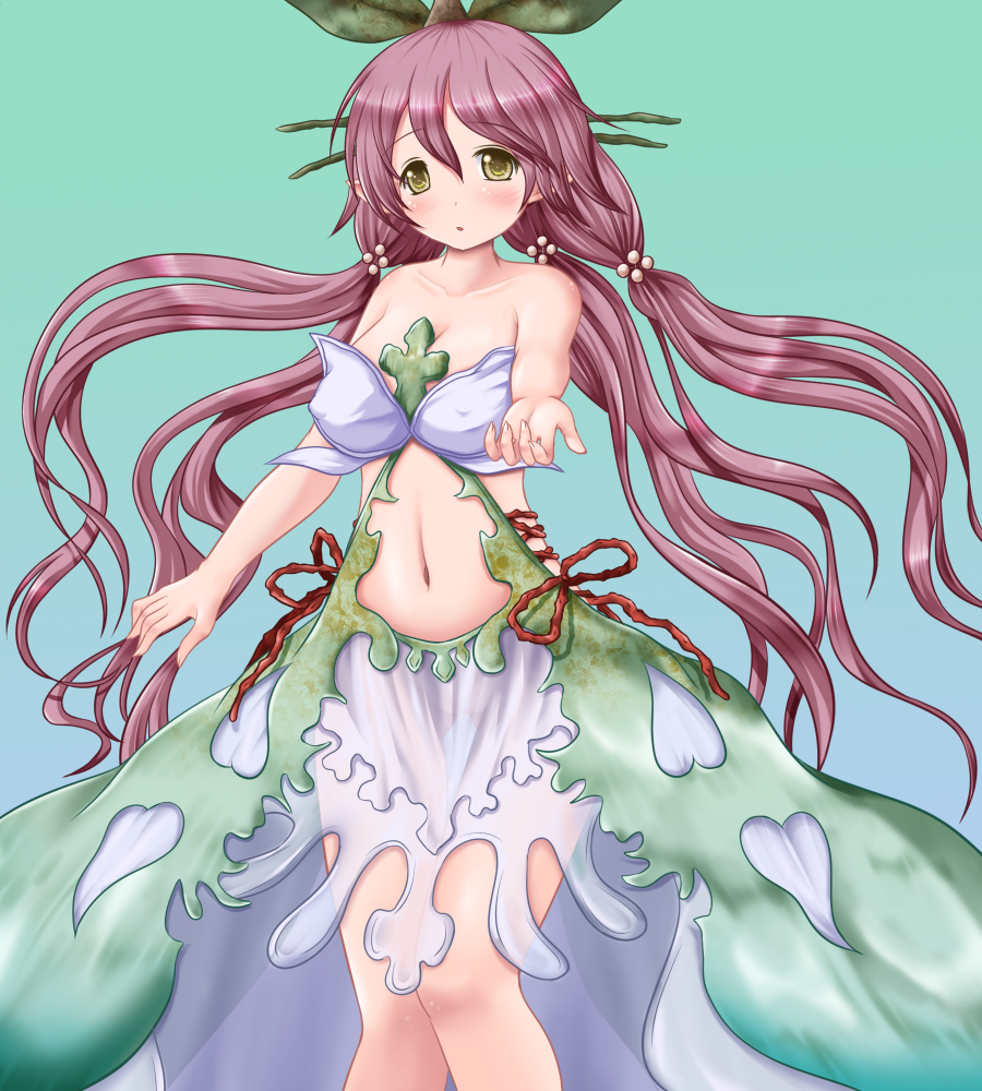 1girl, bare_legs, bare_shoulders, breasts, dress, granblue_fantasy, hair_bobbles, hair_ornament, large_breasts, long_hair, looking_at_viewer, low_quad_tails, navel, object_on_head, open_mouth, pink_hair, pointy_ears, riku_(rikkuru), solo, tree, yellow_eyes, yggdrasill_(granblue_fantasy)