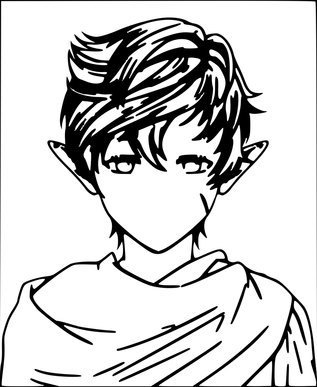 androgynous, elf, greyscale, high_contrast, highres, lineart, monochrome, no_mouth, original, pointy_ears, purezensu, ryoshi_ite