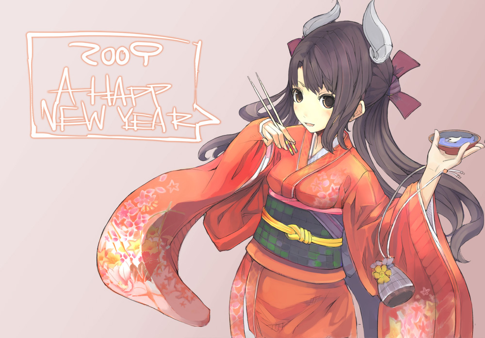 bad_id, brown_eyes, brown_hair, chopstick, chopsticks, cup, japanese_clothes, kimono