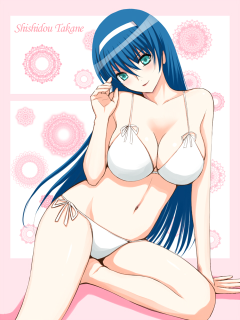 blue_hair, blush, breasts, cleavage, green_eyes, hairband, large_breasts, long_hair