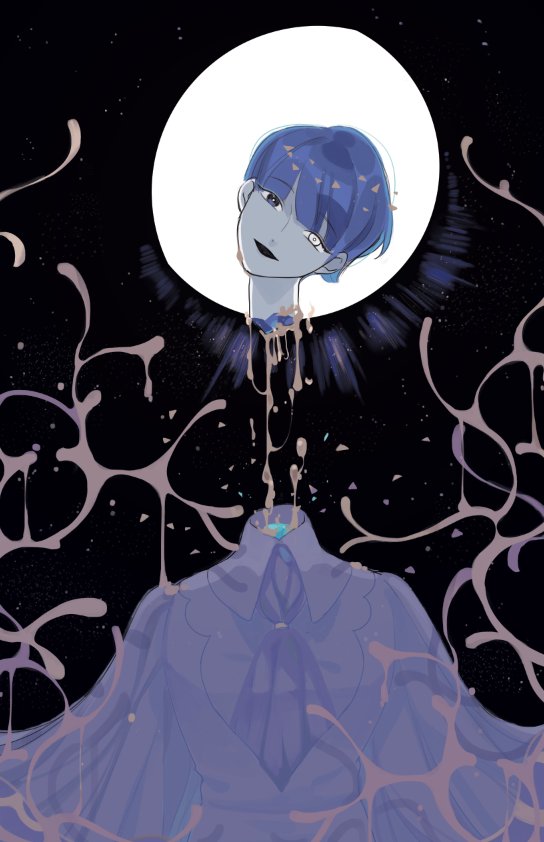 androgynous, azolitmin, blue_hair, decapitated, heterochromia, houseki_no_kuni, lapis_lazuli_(houseki_no_kuni), phosphophyllite