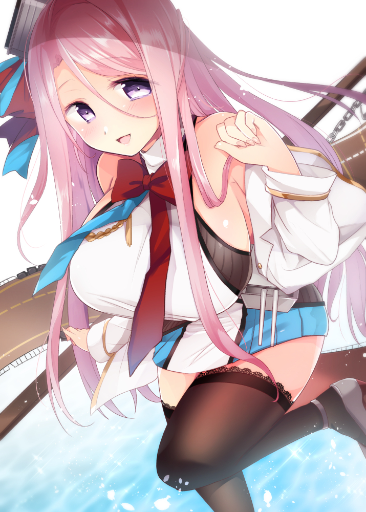 1girl, aiguillette, azur_lane, bare_shoulders, black_legwear, bow, breasts, chains, coat, dress, hair_bow, halterneck, lace, lace-trimmed_thighhighs, large_breasts, lexington_(azur_lane), long_hair, looking_at_viewer, morita_gurutamin, nail_polish, open_mouth, pink_hair, pink_nails, red_bow, short_dress, solo, thigh-highs, very_long_hair, violet_eyes, water, zettai_ryouiki