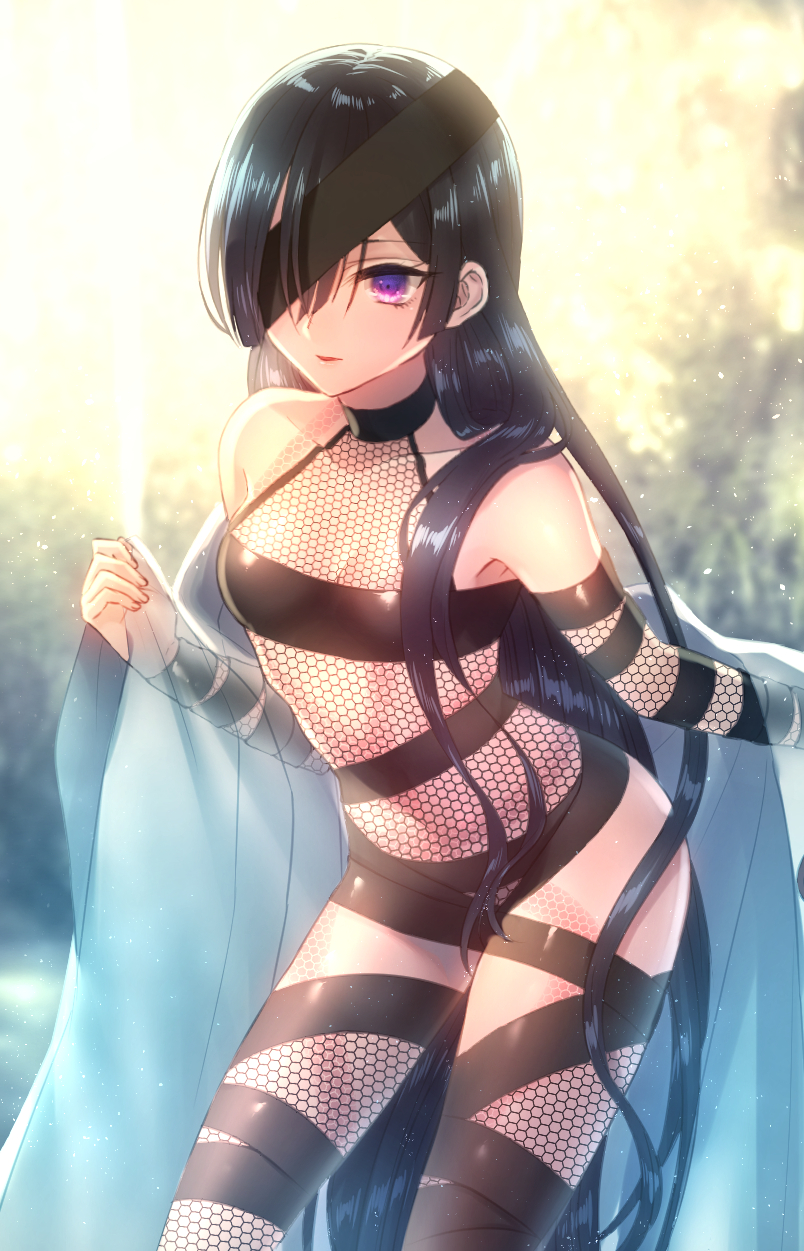 1girl, bare_shoulders, black_hair, breasts, fate/grand_order, fate_(series), fishnet_fabric, hair_over_one_eye