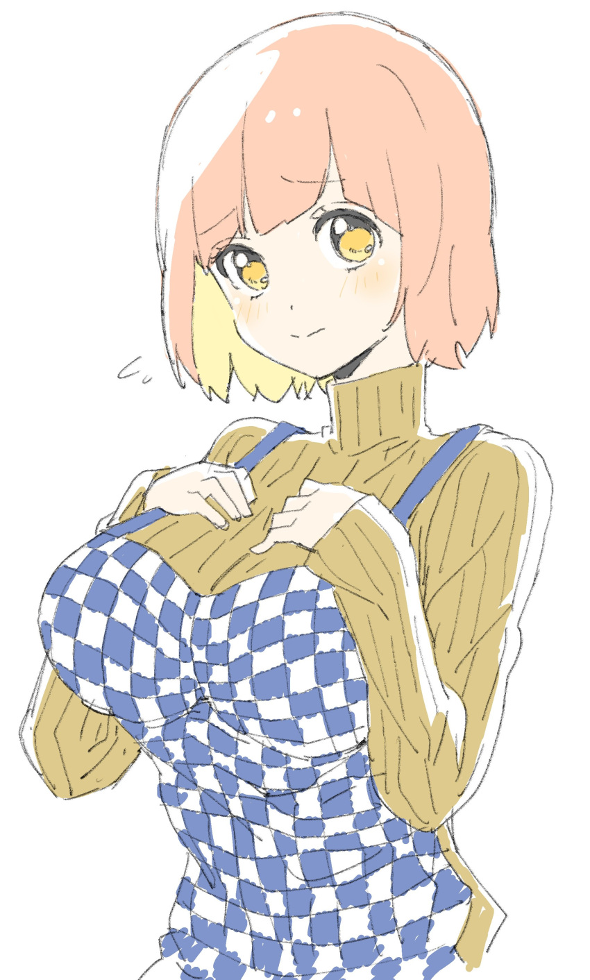 1girl, absurdres, apron, bangs, blunt_bangs, blush, breast_suppress, breasts