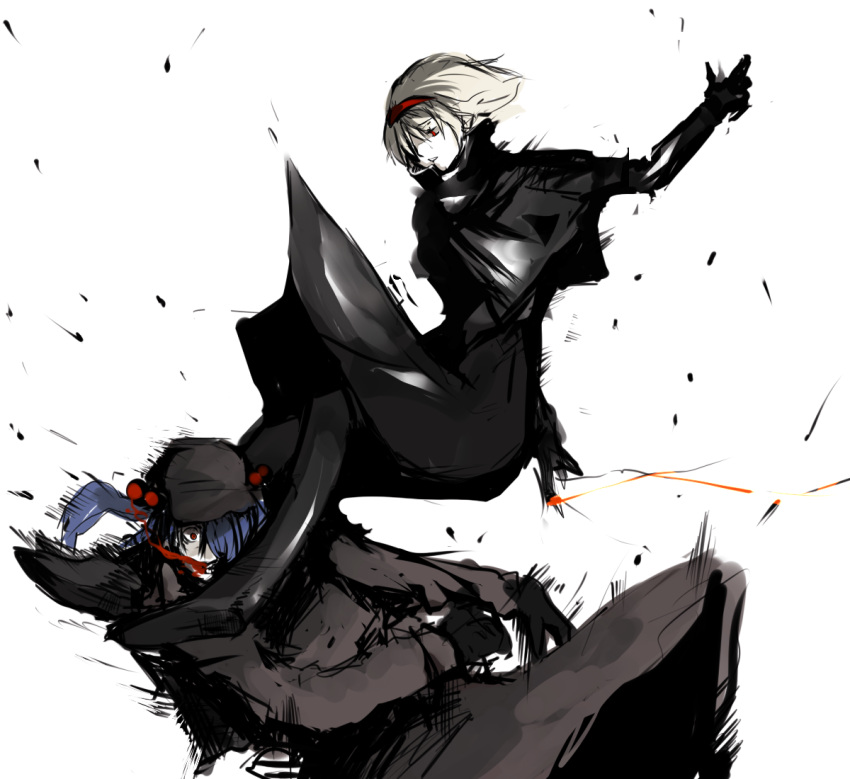 alternate_costume, alternate_outfit, bad_id, blame!, blonde_hair, blood, blue_hair, kawashiro_nitori, kick, kicking, parody, touhou, unknown_(artist), unknown_(pixiv315238)