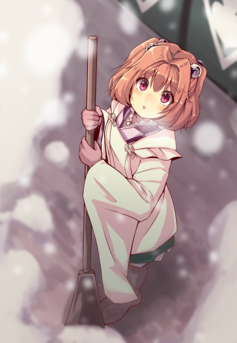 1girl, :o, apron, bangs, bell, black_footwear, boots, broom