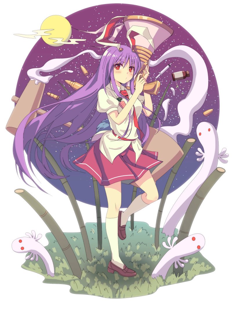 1girl, animal_ears, bare_arms, blouse, breasts, brown_footwear, bullet, full_body, full_moon, gun, hattifattener, holding, holding_gun, holding_weapon, jpeg_artifacts, kneehighs, long_hair, looking_at_viewer, lunatic_gun, mallet, medium_breasts, miniskirt, moon, necktie, nekomiyanono, night, night_sky, one_leg_raised, puffy_short_sleeves, puffy_sleeves, purple_hair, rabbit_ears, red_eyes, red_neckwear, red_skirt, reisen_udongein_inaba, shoes, short_sleeves, skirt, sky, solo, standing, standing_on_one_leg, star_(sky), starry_sky, syringe, touhou, very_long_hair, weapon, white_blouse, white_legwear, wing_collar