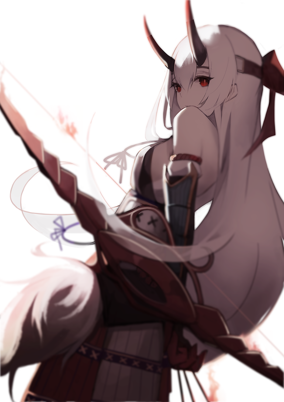 1girl, albino, armor, bangs, blurry, bow_(weapon), depth_of_field, expressionless