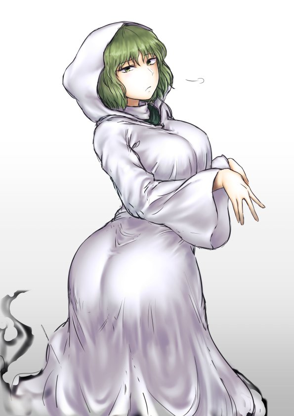 1girl, ass, bangs, breasts, dress, from_behind, ghost_pose, ghost_tail