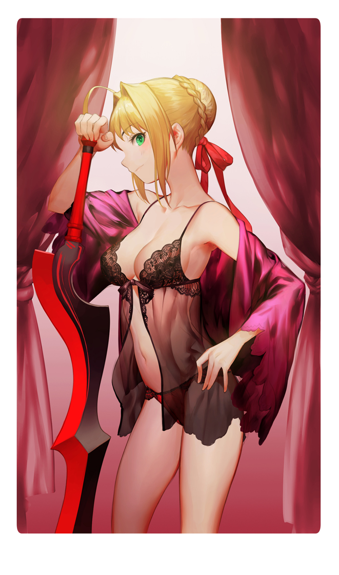 1girl, aestus_estus, ahoge, armpits, babydoll, bare_shoulders, blonde_hair, braid