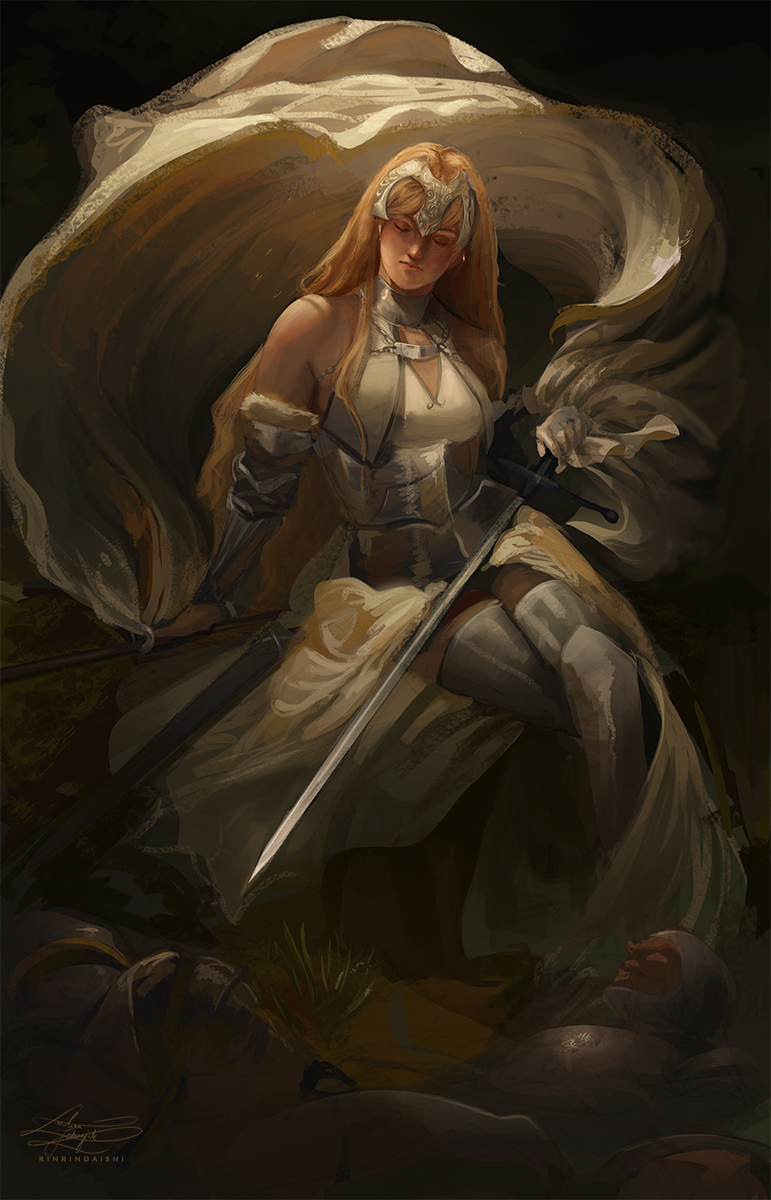 1girl, armor, armored_dress, blonde_hair, closed_eyes, corpse, dark_background, earrings
