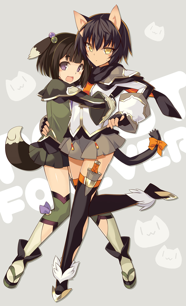 2girls, :d, animal_ears, bangs, black_gloves, black_hair, black_legwear, black_scarf
