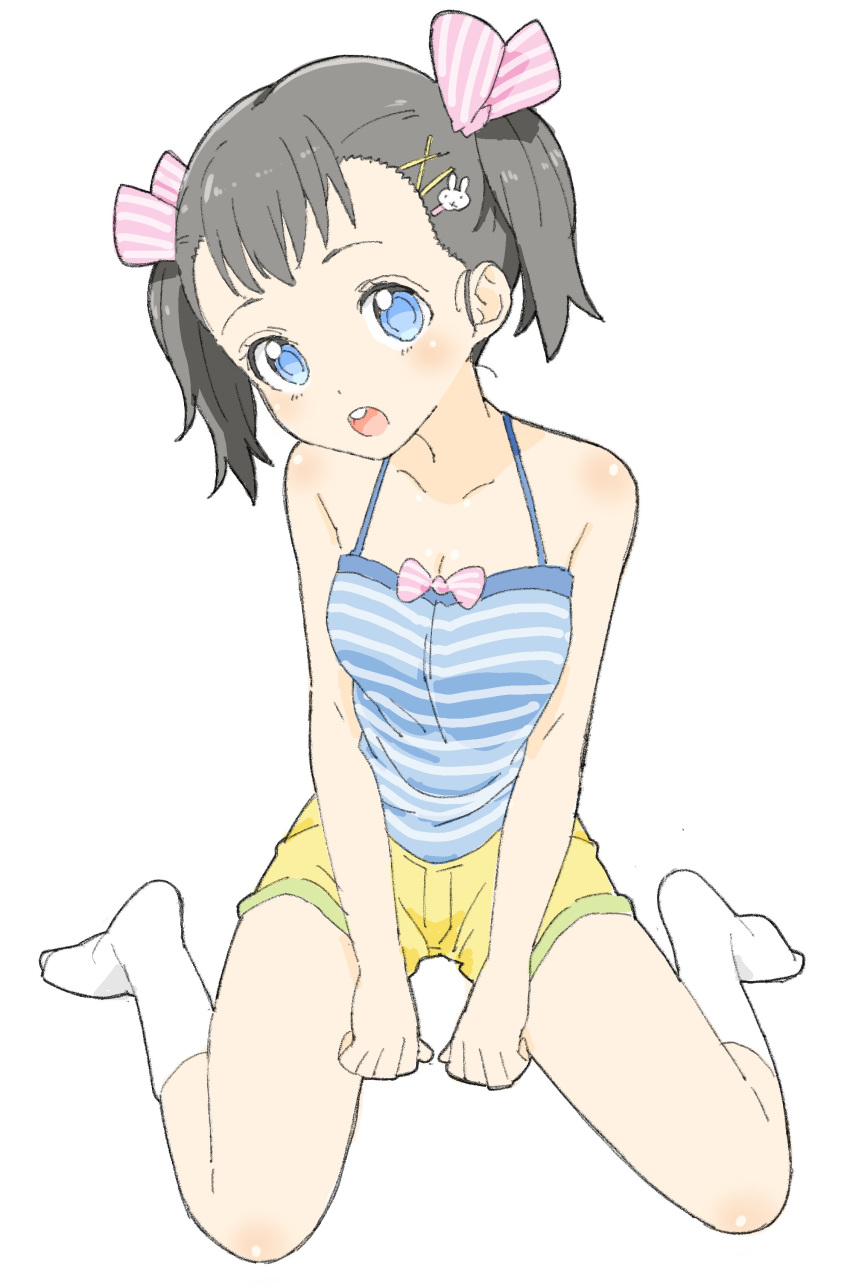 1girl, :o, absurdres, bangs, bare_shoulders, black_hair, blue_camisole, blue_eyes