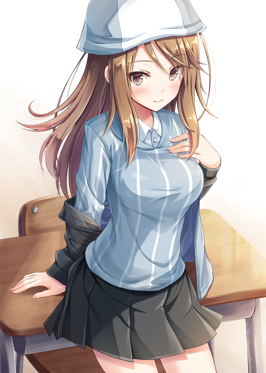 1girl, akashio_(loli_ace), blue_shirt, breasts, brown_eyes, brown_hair, chair, desk