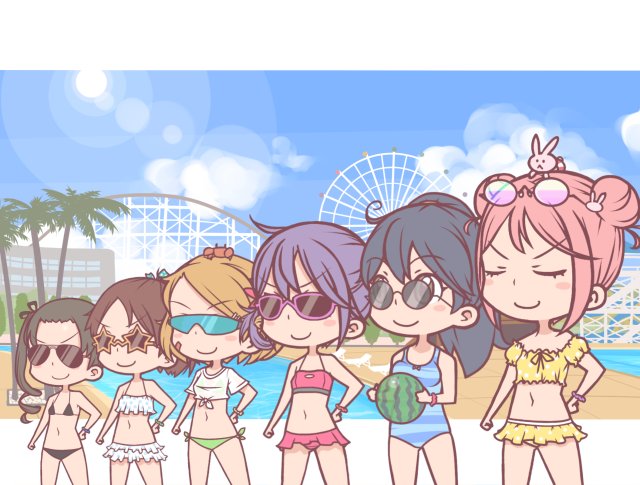 6+girls, ahoge, akebono_(kantai_collection), alternate_hairstyle, ayanami_(kantai_collection), bandaid, bandaid_on_face, bikini