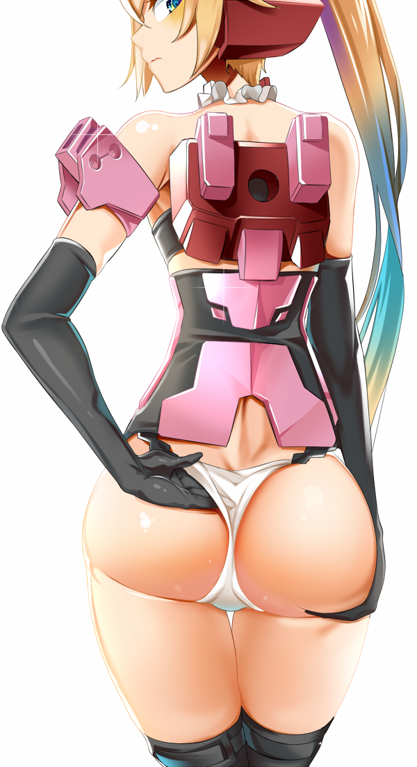 1girl, adjusting_clothes, adjusting_panties, ass, bare_shoulders, black_gloves, blonde_hair, blue_hair