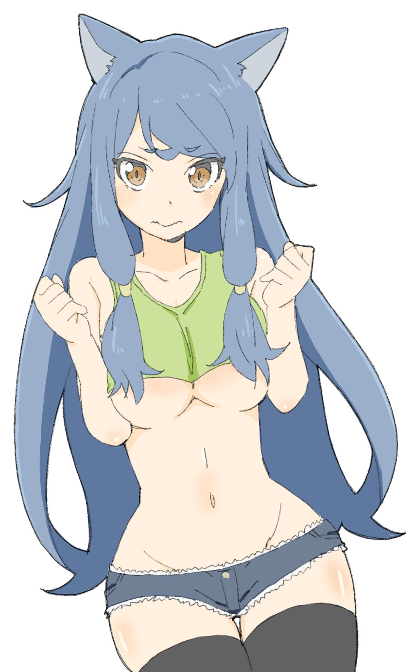 1girl, absurdres, animal_ears, bangs, bare_arms, bare_shoulders, black_legwear, blue_hair