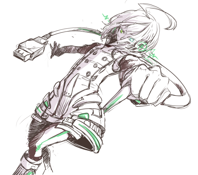 1boy, ahoge, aqua_eyes, blue_eyes, boots, cable, clenched_hand, detached_sleeves