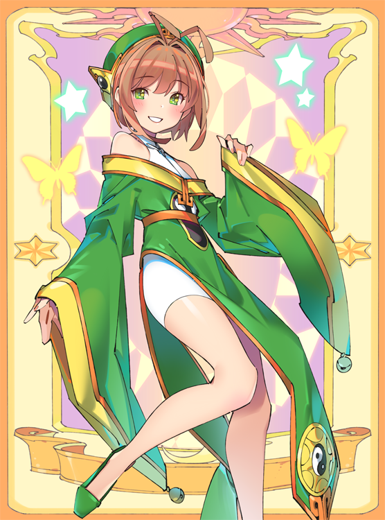 1girl, ahoge, antenna_hair, brown_hair, card_captor_sakura, chinese_clothes, cosplay, dress, green_eyes, hair_ornament, hat, kinomoto_sakura, li_xiaolang, li_xiaolang_(cosplay), magical_girl, pop_kyun, short_hair, skirt