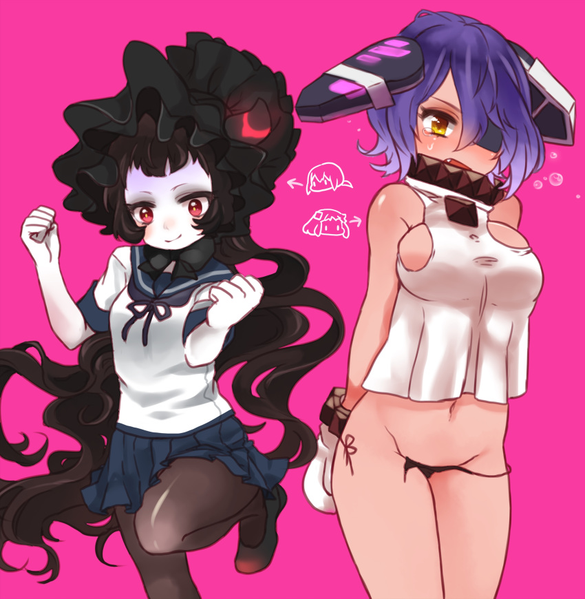 2girls, black_hair, blue_skirt, blush, breasts, cosplay, crying, crying_with_eyes_open